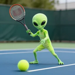 et alien playing tennis on a tennis court, photo