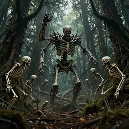 an epic action concept masterpiece of a forest made of skeletons, inspired by sd ai. horrific digital art, extremely moody lighting