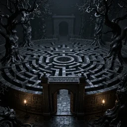 thick dark black stone maze, gnarled black trees, gate, night, volumetric lighting, 8 k octane beautifully detailed render, post - processing, extremely hyper - detailed, intricate, epic composition, intricate, trending on artstation, stunning art by anders zorn, wonderful masterpiece by frazetta