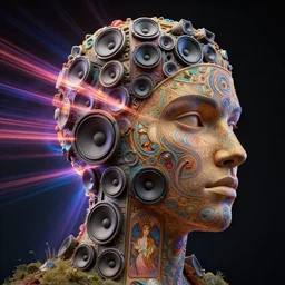 highly detailed surreal vfx portrait of a landscape of recursive speakers forming a 3 d head. polyphonic ecstacy, vibrant vibrations, pulse projections, sonic power, ornate, hyperrealistic, octane render, chiaroscuro, inspired by james jean, android jones, beeple, rhads, alphonse mucha, frostbite 3 engine