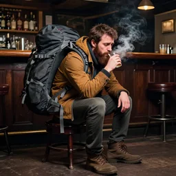 Photography of a sad fully bearded man wearing warm clothes, and a huge travel backpack, drinking and smoking , sitting in a bar, full body shot, atmospheric lighting , wide angle lens