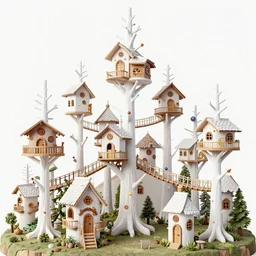treetop elf village made up of white treehouses and connected by rope bridges. Elaborate fancy wood-carved decorations. Magical multicolored light. Ground level view looking at the canopy. Mystical fantasy atmosphere. Style of Lothlórien from the Lord of the Rings movies. Detailed matte painting trending in artstation