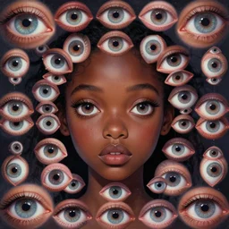 eyes!! a black girl with many eyes!, surreal art by colin christian and junji ito and anton semenov, trypophobia! eyes, symmetry, eyes everywhere, symmetry!