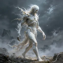 a beautiful terrifying pale humanoid giant strides across the landscape. ethereal fantasy art by greg rutkowski