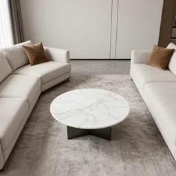 A modern living room with 2 sofas facing each other with a white marble table in the center, on the left side of the living room there is a floor to ceiling glass window while on the right side of the living room there are wooden stairs that lead to the second floor, 8k resolution