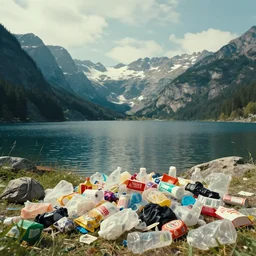 a very high resolution image from a new movie. mountains, lake, garbage plastic, fast food, photorealistic, photography, directed by wes anderson
