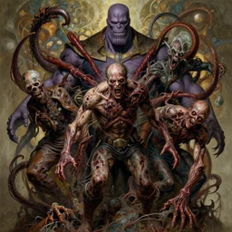 the platonic ideal of zombie of cletus kasady ultimate carnage thanos dementor doctor manhattan chtulu nazgul, detailed, intricate, hyperrealism, intense, scary, decay, dmt, art by brock hofer and artgerm and greg rutkowski and alphonse mucha
