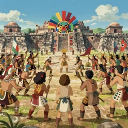 aztec warriors defend the city of Tenochtitlan from Spanish Conquistadors, anime, Studio Ghibli, cinematic, 4K