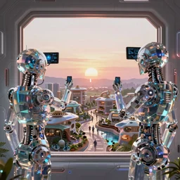 a cinematic composition depicting : we're overlooking translucid crystal android being, whos is behind their heads up display viewing out of their window how a high tech lush solarpunk tribe collaborating with their technologic android helpers encroaching a cyberpunk resort at sunrise
