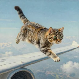 a painting of cat flying above a plane, detailed, film with 70mm