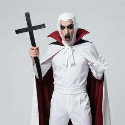 a vampire in a white costume scared of a cross, a colorized photo by adolf hiremy - hirschl and jodorowsky, tumblr, viennese actionism, movie still, criterion collection, filmic