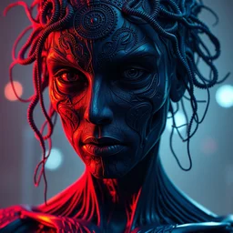 a dark crimson cobalt blue humanoid, hyper detailed, intricate, in the style of wlop and junji ito and and h. r. giger and junji ito and greg rutkowski and wlop and ruan jia, selfie, volumetric lighting, ray tracing