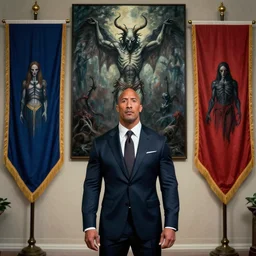 dwayne johnson in a suit and tie standing in front of two flags, a surrealist painting by john nelson battenberg, trending on shutterstock, international gothic, antichrist, horror film, demonic photograph