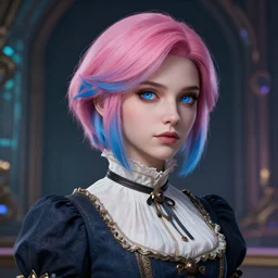 portrait of a beautiful woman in a victorian cloth, pink blue very short hair, bluey eyes, tiny beautiful nose, art by legends of runeterra, art by league of legends, science fiction, cyberpunk, artstation, cgsociety, high details, 8 k