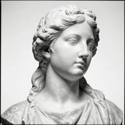 analog photograph portrait of a marble statue, heavy filmbgrain, 8k, sheen, gloss, greyscale, white background, high contrast