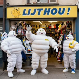 football ultras ransacking a thrift shop dressed in michelin man suits
