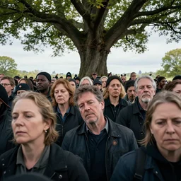 crowd mourning for the death of the tree of life Michael Whelan by Jeff Easley photorealistic by Edmonia Lewis, cinematic, coherent, realistic faces, clear, detailed, intricate, dramatic lighting, establishing shot, 8k resolution