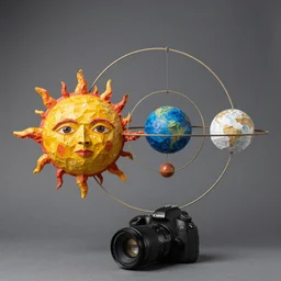a kinetic sculpture of this solar system, sun, orrery, canon 5 d 5 0 mm lens, papier - mache, studio, circa 2 0 8 8