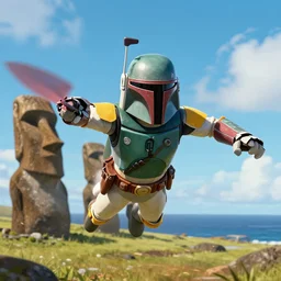 Boba Fett learning to fly in Easter Island, Digital art, Award winning, masterpiece