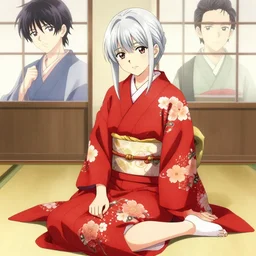 girl, silver hair, red kimono with flower patterns, sitting, detailed, looking to camera, full body shot, well iluminated, ilustration by Takehiko Inoue (and Krenz Cushart)