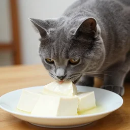grey cat eating a plate tofu photographed