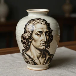beautiful close - up studio photograph of a hand - thrown stoneware vase painted with albrecht durer self portrait on a tablecloth on a wooden table, hyperrealism 8 k trending on artstation