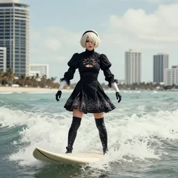 iphone HDR photo of beautiful 2B from Nier Automata as a surfer in Florida, 35mm, cinematic, trending on Instagram, 2B as a surfer model