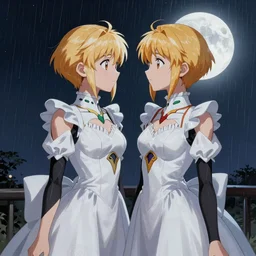 A full body portrait of twi brother and sister with golden short hair as Neon Genesis Evangelion, face to face, white wearing, ornate frilly dress, full moon raining night, digital painting, concept art, highly detailed, sharp focus, art by Kyoto Animation, anime illustration, trending on Pixiv.