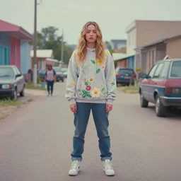still from music video of sydney sweeney from die antwoord standing in a township street, wearing a hoodie and flowers, street clothes, full figure portrait painting by martine johanna, njideka akunyili crosby, rossdraws, pastel color palette, 2 4 mm lens