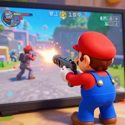 Mario with a minigun shoots back from zombies, 3d graphics, game screen