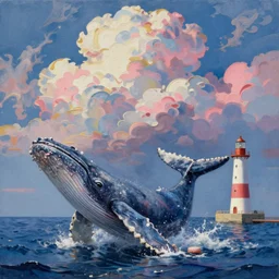 whale, sea, lighthouse, cloud, oil painting, macaron color intricate, by danton fadeev