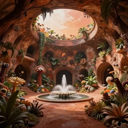 interior view asimov mars habitat flora fauna fountain by syd mead