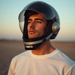 a high definition film fashion photography of a male model wearing a clean white t - shirt and a retro vintage astronaut helmet with hipster cinematic colors, trending on instagram, photography, sigma 8 5 mm f / 1. 4
