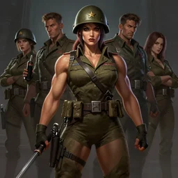 portrait of a female bodybuilder ww ii soldier in team fortress 2 style, epic, tragic, dark fantasy art, fantasy, pretty, hd shot, digital portrait, beautiful, artstation, comic style, by artgerm, guy denning, jakub rozalski, magali villeneuve and charlie bowater