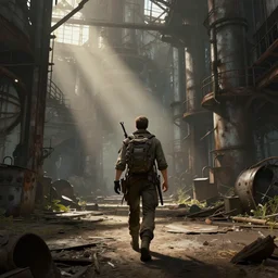 Fantasy matte painting of an adventurer walking through an abandoned industrial factory, volumetric light scattering, highly detailed, Andreas Rocha, Greg Rutkowski, Darek Zabrocki, ArtStation, CGSociety, Unreal Engine, 4K, 8K