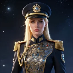 beautiful front portrait of a female officer wearing a fancy naval uniform, science fiction, intricate detail, straight blonde hair, space background, trending on artstation, sharp focus, illustration, caustics, octane render, radiant light, 4 k, by artgerm, greg rutkowski, alphonse mucha