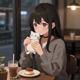 an anime girl sitting in a cafe while eating a cat, 8 k, high - resolution, midnight, dim, trending on artstation, detailed, digital art