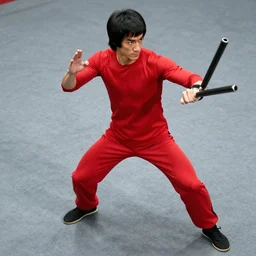 lean, fighter, in a red spandex suit, pose, stance, fight, man, with batons, standing, streetfight, 3 / 4 angle top down, fighting style, top view camera, bruce lee, lean muscles, skinny body, action, upright pose, slightly crouched