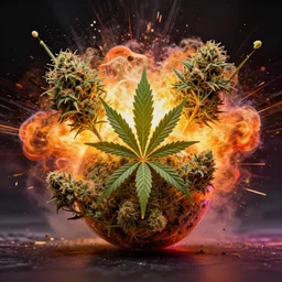 a cannabis bomb explodes, weed, marijuana leaf, marijuana bud, explosion, cinematic, psychedelic, trending on art station, 8k