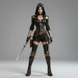 full body photo of a female steampunk assassin