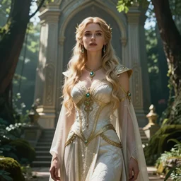 Beautiful art portrait of taylor momsen as a fantasy priestess in a bright temple surrounded by lush forest, atmospheric lighting, intricate detail, cgsociety, hyperrealistic, octane render, RPG portrait, ambient light, dynamic lighting