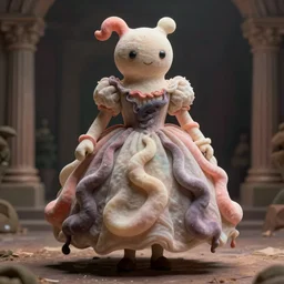 absurdist wiggly blob in a dress, highly detailed, cam de leon & john j. park, cinematic light, moebius. medium shot, ground angle, uhd 8 k, shallow depth of field