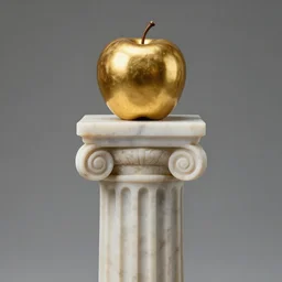 ancient gold apple sitting on a tall roman pillar made of marble, realistic, studio lighting, 4 k, depth of field