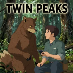 Twin Peaks, of Michael Shannon the mechanic discovering a man dressed as a Furry in the woods, mysterious creepy, poster artwork by Michael Whelan, Bob Larkin and Tomer Hanuka, from scene from Twin Peaks, simple illustration, domestic, nostalgic, from scene from Twin Peaks, clean, full of details, by Makoto Shinkai and thomas kinkade, Matte painting, trending on artstation and unreal engine, super clean, fine detail, cell shaded,