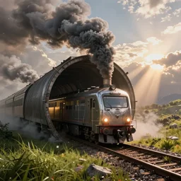 frostpunk train riding inside of a tunnel, with the smoke coming from the top of it, cinematic view, epic sky, detailed, dynamic lighting, photorealistic concept art, creative, cinematic, ultra detailed, art, low angle, high detail, warm lighting, volumetric, godrays, vivid, beautiful, trending on artstation, by jordan grimmer, huge scene, grass, art greg rutkowski