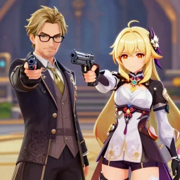 walter white pointing a gun at la signora in genshin impact