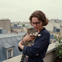 woman wearing glasses, holding a cat on the roof of a Paris apartment, movie still from Amelie