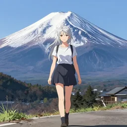 a beautiful blond silver hair young woman walking up Mount Fuji, manga