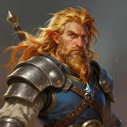 a detailed and very colorful portrait of a dwarf fighter with flowing hair, pathfinder portrait, dndart, fantasy portrait, 4 k, hires, art by jack davis and lucian freud and bill ward