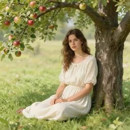 in the style of iraklij toidze. woman sitting under an apple tree. fine detail